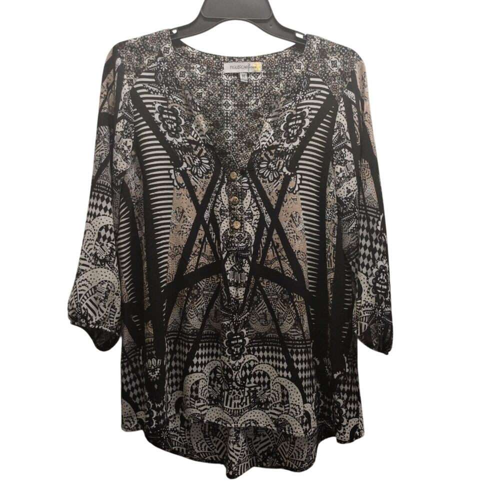 Figueroa & Flower Size M Anthropologie Mixed Print Black Tan 3/4 Sleeve Popover